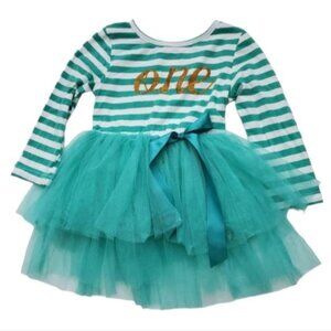 First Birthday Dress IBTom Green Tutu Striped Long Sleeve GIRLS 12 - 18 Months